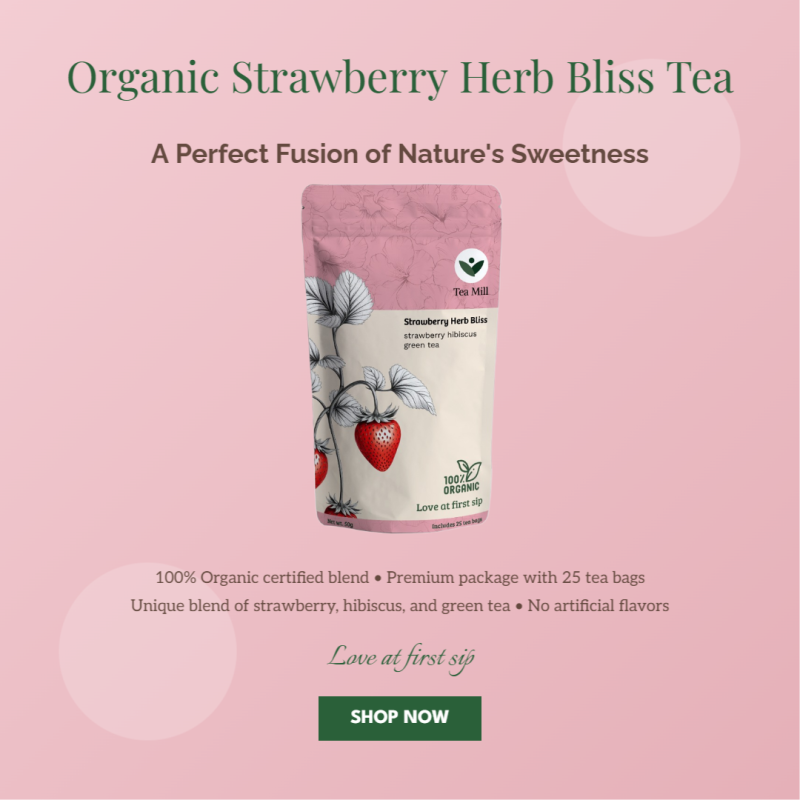 Strawberry Herb Bliss herbal tea with dried strawberry pieces and botanicals