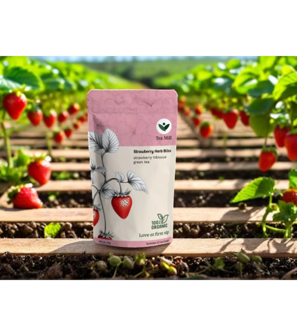 Strawberry Herb Bliss herbal tea with dried strawberry pieces and botanicals