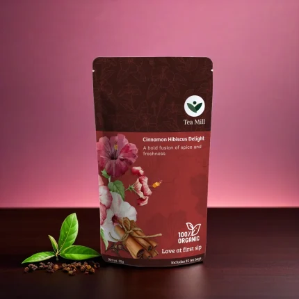 Cinnamon Hibiscus Delight herbal tea with hibiscus petals and cinnamon sticks