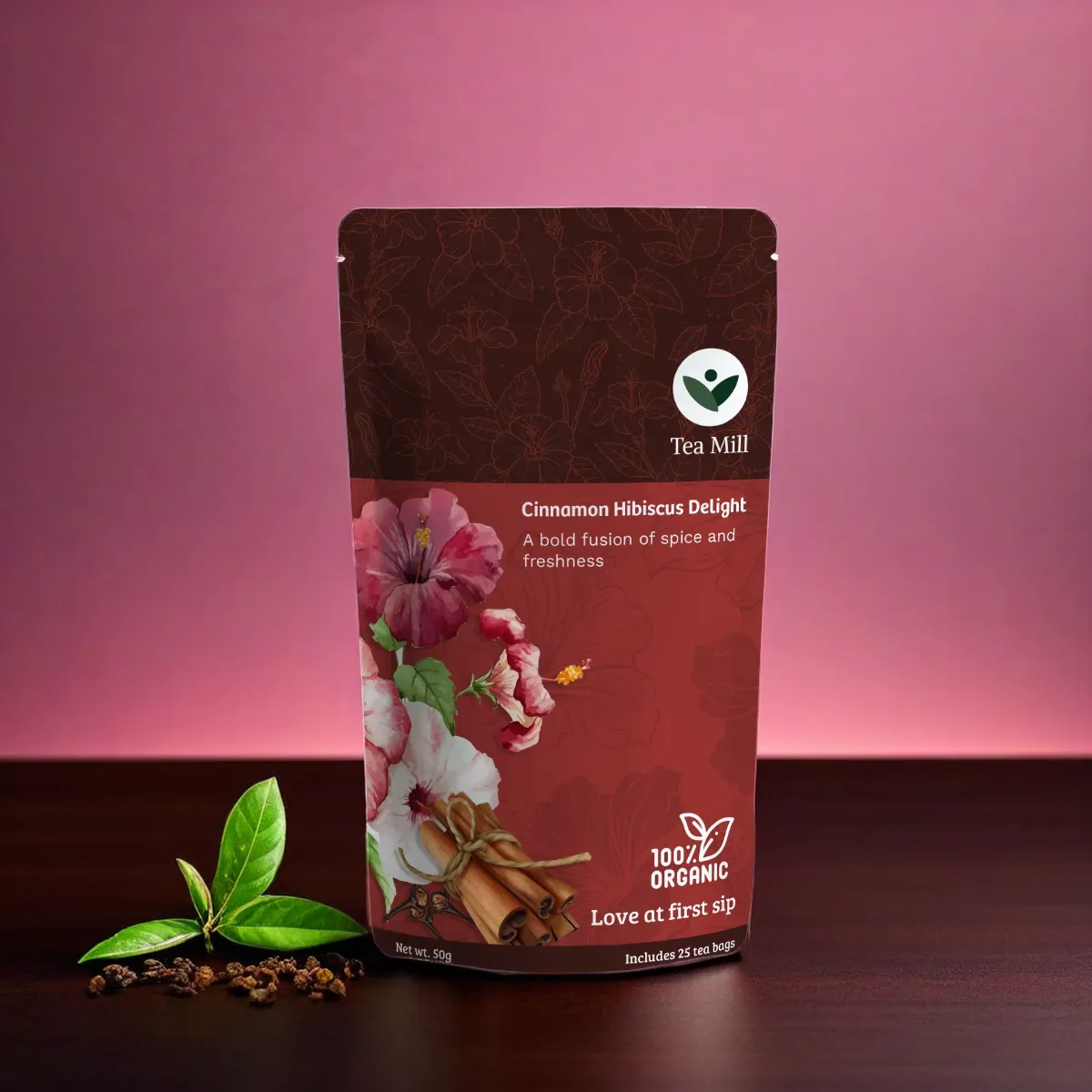 Cinnamon Hibiscus Delight herbal tea - tea Mill Cinnamon Hibiscus Delight herbal tea with hibiscus petals and cinnamon sticks