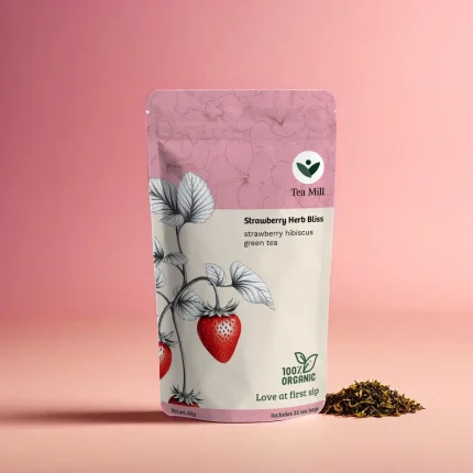 Strawberry Herb Bliss herbal tea with dried strawberry pieces and botanicals