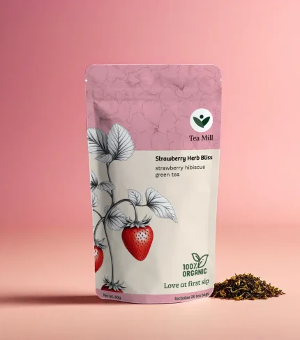 Strawberry Herb Bliss herbal tea with dried strawberry pieces and botanicals