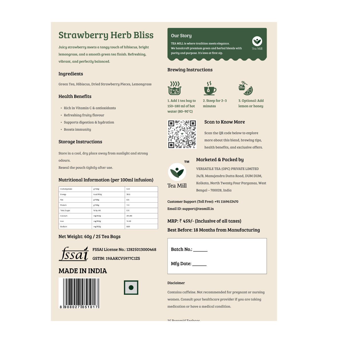 Strawberry Herb Bliss herbal tea with dried strawberry pieces and botanicals