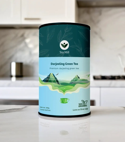 Premium Darjeeling green tea leaves in a cup with loose leaf tea on the side