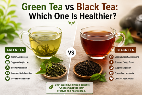 Green Tea vs Black Tea comparison showing health benefits, antioxidants, caffeine, and daily use differences