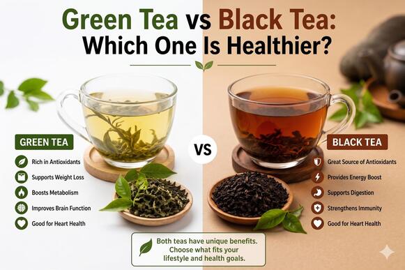 Green Tea vs Black Tea comparison showing health benefits, antioxidants, caffeine, and daily use differences