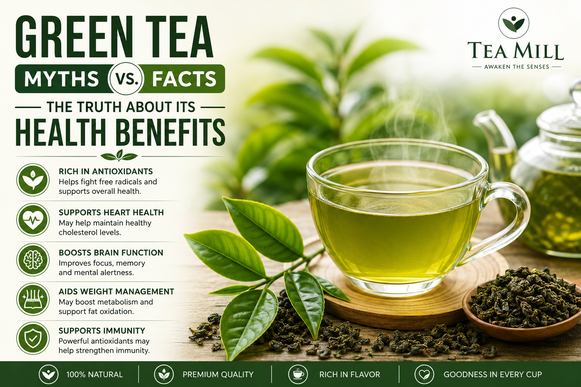 Green Tea Myths vs. Facts infographic showing the truth about green tea health benefits with Tea Mill premium green tea