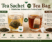 Tea Sachet vs Tea Bag comparison infographic featuring Tea Mill tea sachet, traditional tea bag, whole leaf tea, and brewing quality differences.