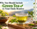 Green tea cup with fresh tea leaves and lemon for a healthy daily routine