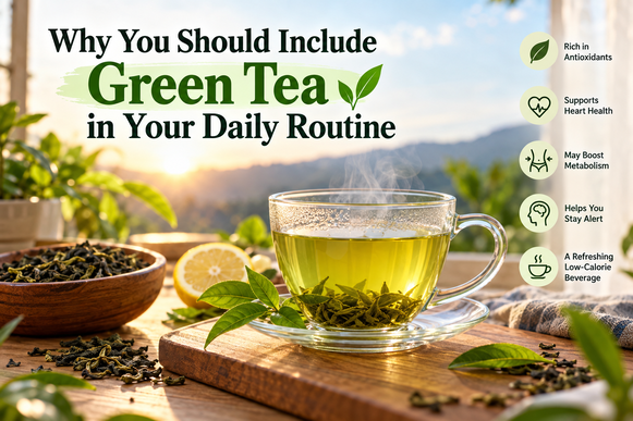 Green tea cup with fresh tea leaves and lemon for a healthy daily routine