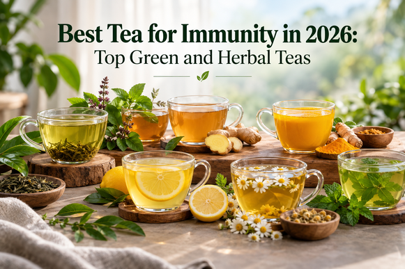 Best tea for immunity in 2026 featuring green tea and herbal teas with ginger, tulsi, turmeric, and lemon Copy alt tag